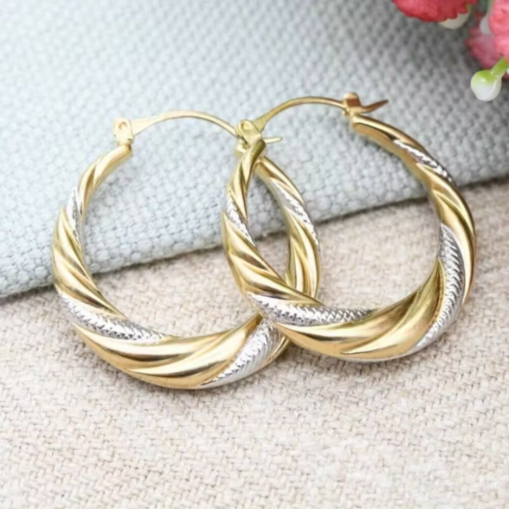 14K Gold Two Tone Silver Womens Small 1.25" Size Hoop Earrings Ladies Jewelry - Picture 3 of 5